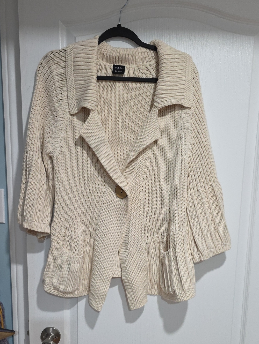 Tribal Cream Textured Knit Shawl-Collar Cardigan